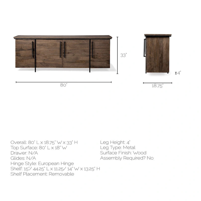 Maddox IV Brown Solid Wood w/ Black Metal Accent 4 Door Cabinet Sideboard - 80.0L x 19.0W x 33.0H