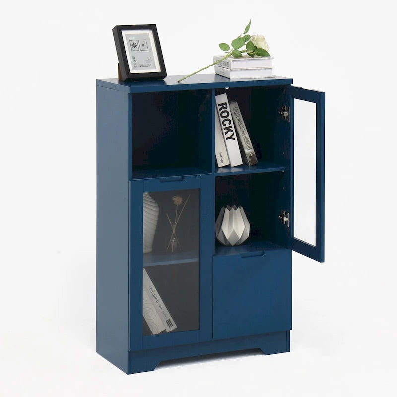 Wooden Floor Cabinet with 2 Glass Doors and 2 Storage Space,Living Room Bathroom Entryway