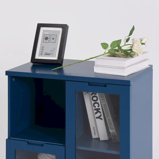 Wooden Floor Cabinet with 2 Glass Doors and 2 Storage Space,Living Room Bathroom Entryway