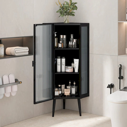 Three Tiers Cabinet with Tempered Glass Doors and Storage Shelves