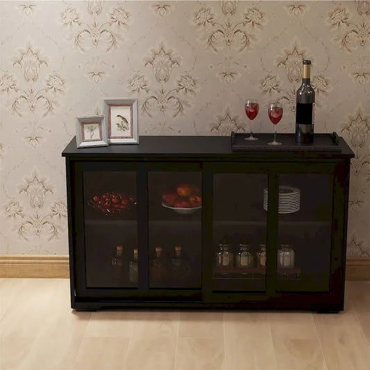 Sideboard Kitchen Buffet Storage, Adjustable Shelf & Glass Door, Black