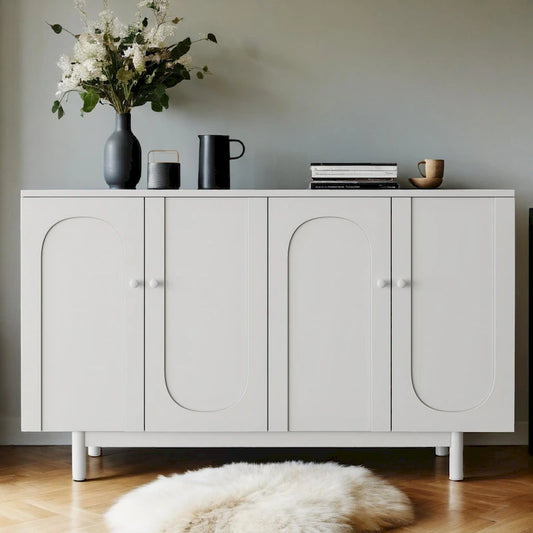 Modern 4 Door Intaglio Storage Cabinet with Adjustable Shelf, Stylish and Accent Cabinet with Pine Legs, Buffet Sideboard