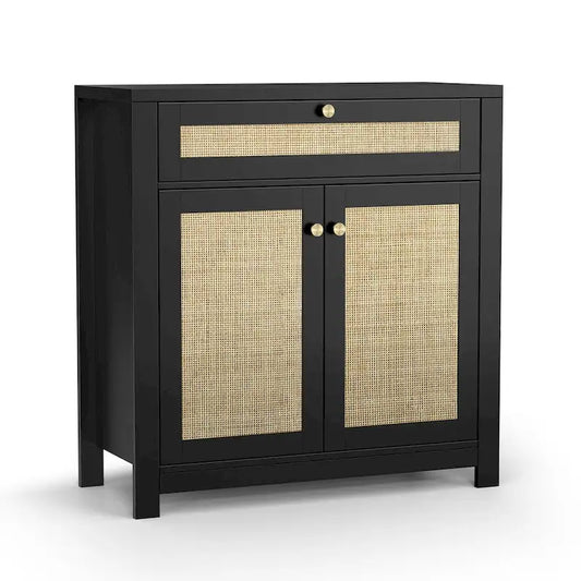 Anmytek 2-Door Black Rattan Cabinet with Drawer Storage Sideboard Buffet 31.5W x 13.7D x 32.8H