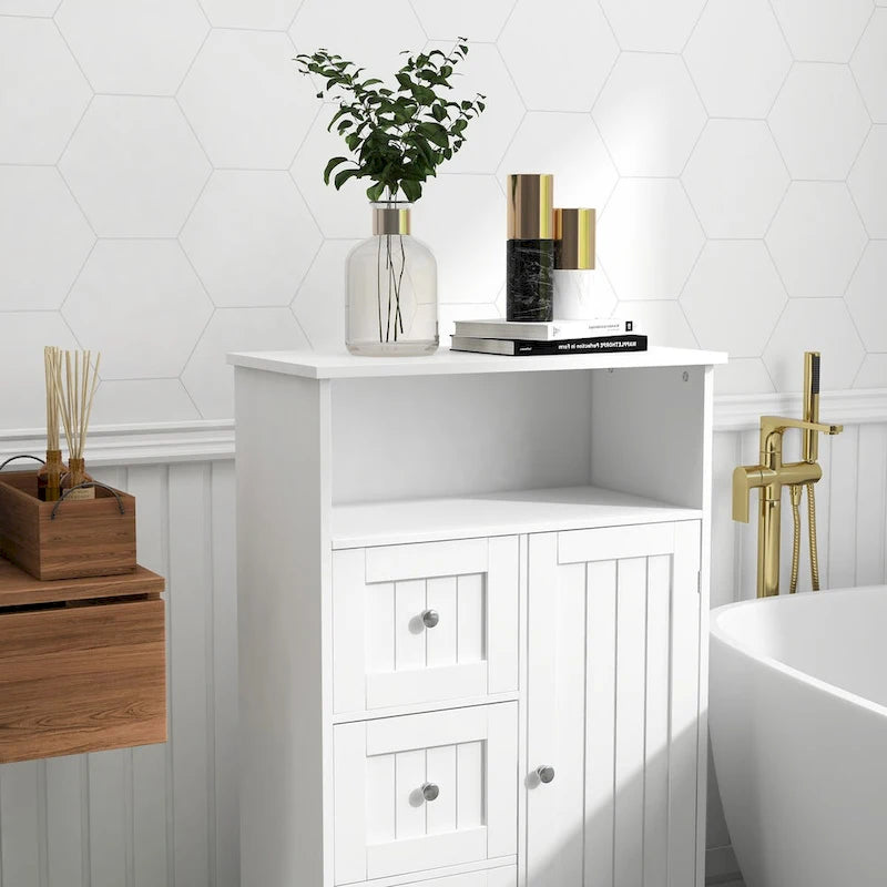 Standing bathroom storage cabinet with 3 drawers and 1 door