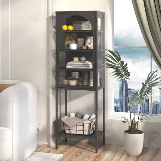 Metal Glass Door Display Storage Cabinet - 5-Tier Cube Bookshelf Storage Cabinet with 3 Adjustable Shelves