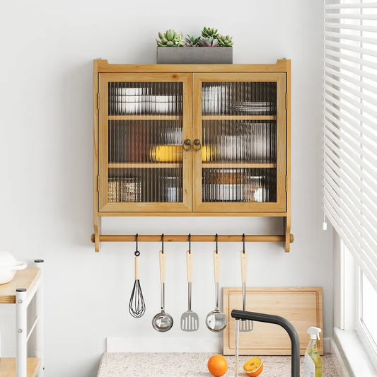 Roomfitters 24.8 Vintage Glass Door Wall Cabinet with Double Doors, Three-Tier Storage, and Towel Rack