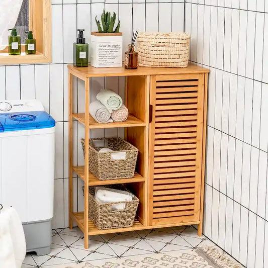 Costway Bathroom Cabinet Bamboo Storage Floor Cabinet w/ Single Door & - See Details