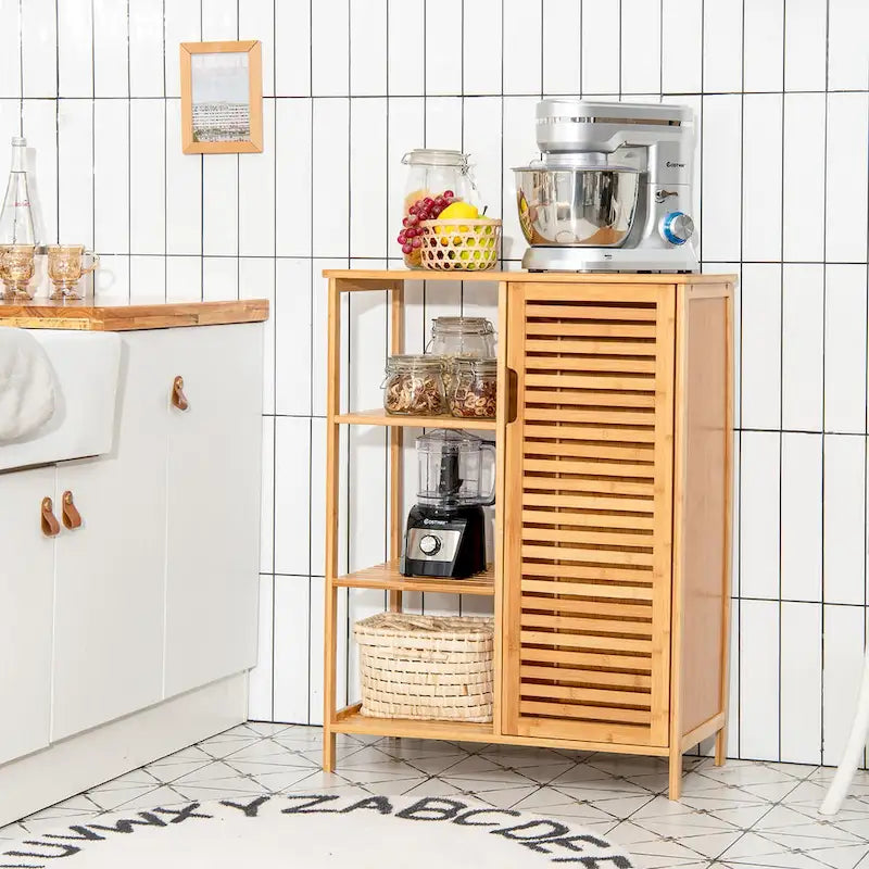 Costway Bathroom Cabinet Bamboo Storage Floor Cabinet w/ Single Door & - See Details