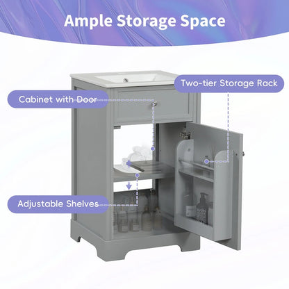20 Inch Bathroom Vanity With Ceramic Top Sink, Undermount Bathroom Sink Cabinet With 2-Tier Storage Rack And Shelves