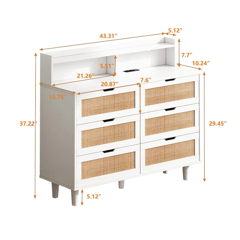 6-Drawers Rattan Accent Cabinet with LED Lights and Power Outlet, White