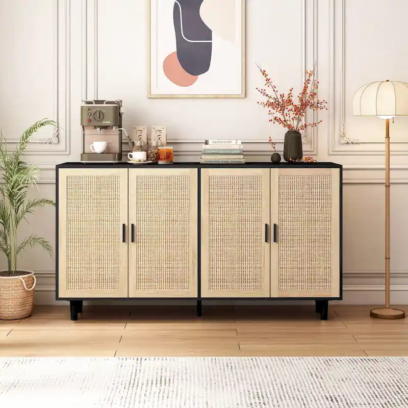 4-Door Rattan Decorative Storage Cabinet - N/A