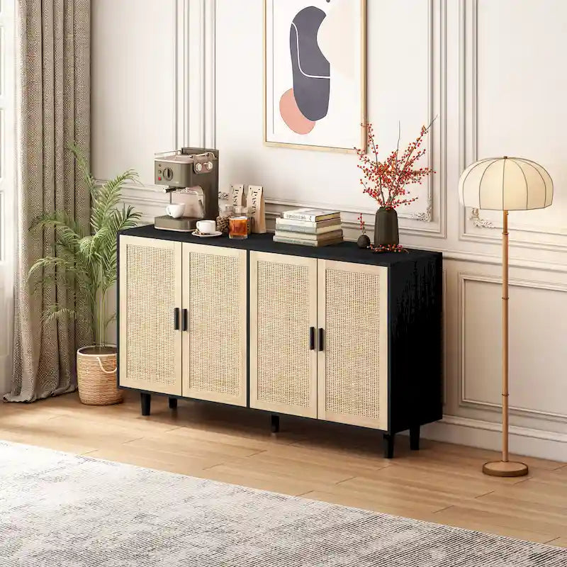 4-Door Rattan Decorative Storage Cabinet - N/A