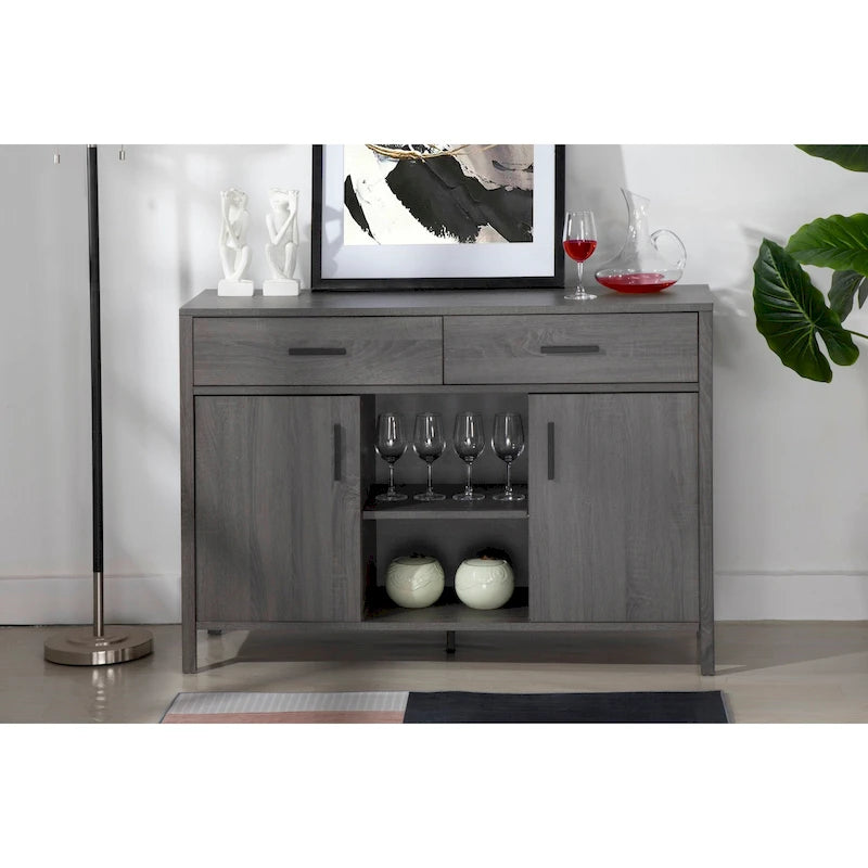 Q-Max 47W Sideboard Storage Cabinet, Dining Server Cupboard Buffet Table with Two Cabinets, Two Drawers, Two Open Shelves