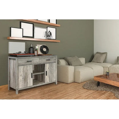 Q-Max 47W Sideboard Storage Cabinet, Dining Server Cupboard Buffet Table with Two Cabinets, Two Drawers, Two Open Shelves
