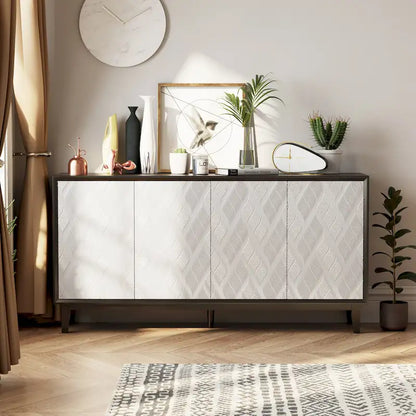 COZAYH Modern 4 Doors Cabinet with 3D Curved Motif and Push Latch, TV Stand, Sideboard Buffet Cabinet