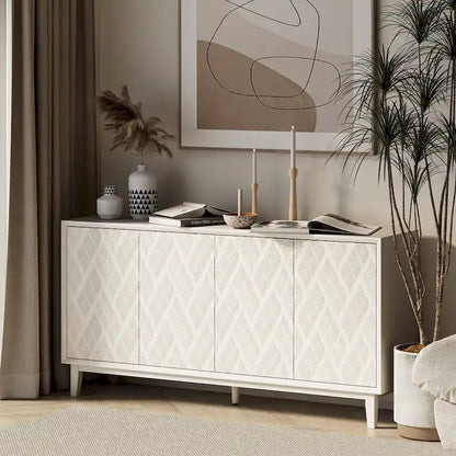 COZAYH Modern 4 Doors Cabinet with 3D Curved Motif and Push Latch, TV Stand, Sideboard Buffet Cabinet