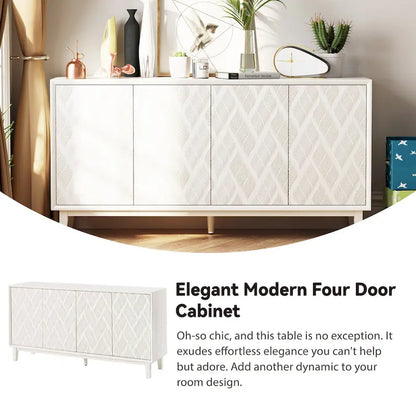 COZAYH Modern 4 Doors Cabinet with 3D Curved Motif and Push Latch, TV Stand, Sideboard Buffet Cabinet