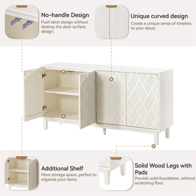 COZAYH Modern 4 Doors Cabinet with 3D Curved Motif and Push Latch, TV Stand, Sideboard Buffet Cabinet