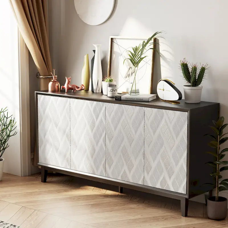 COZAYH Modern 4 Doors Cabinet with 3D Curved Motif and Push Latch, TV Stand, Sideboard Buffet Cabinet