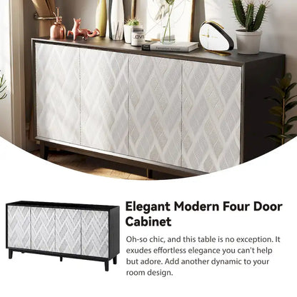 COZAYH Modern 4 Doors Cabinet with 3D Curved Motif and Push Latch, TV Stand, Sideboard Buffet Cabinet