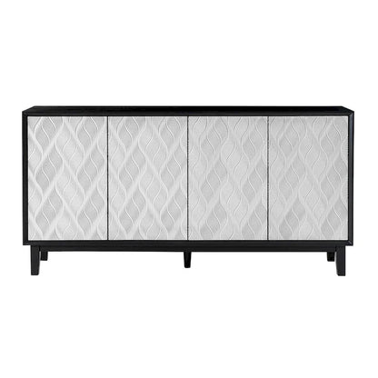 COZAYH Modern 4 Doors Cabinet with 3D Curved Motif and Push Latch, TV Stand, Sideboard Buffet Cabinet