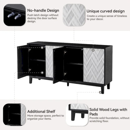 COZAYH Modern 4 Doors Cabinet with 3D Curved Motif and Push Latch, TV Stand, Sideboard Buffet Cabinet