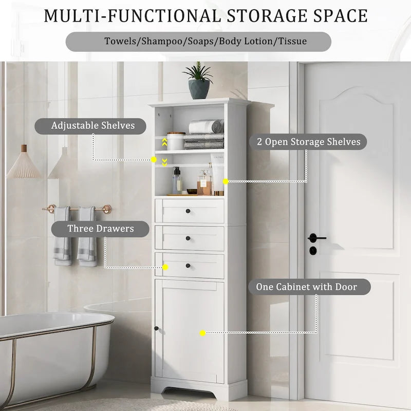Modern White Storage Cabinet with 3 Drawers and Adjustable Shelves for Bathroom, Kitchen and Living Room