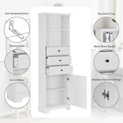 Modern White Storage Cabinet with 3 Drawers and Adjustable Shelves for Bathroom, Kitchen and Living Room