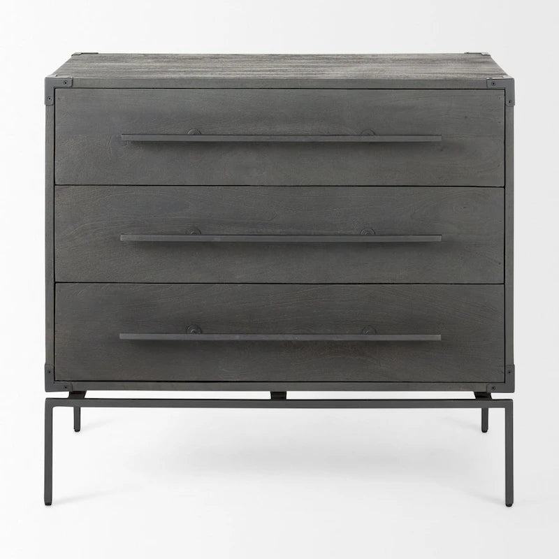 Ward Dark Brown Solid Wood w/ Black Iron Base 3 Drawer Accent Cabinet