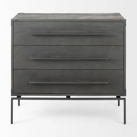 Ward Dark Brown Solid Wood w/ Black Iron Base 3 Drawer Accent Cabinet