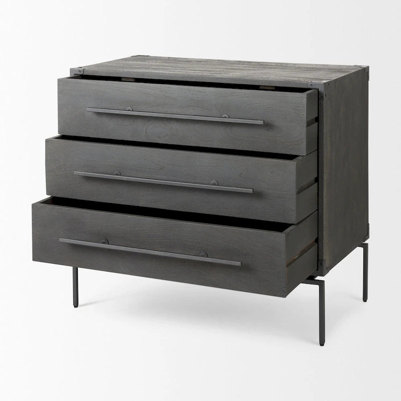 Ward Dark Brown Solid Wood w/ Black Iron Base 3 Drawer Accent Cabinet