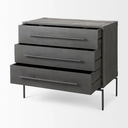 Ward Dark Brown Solid Wood w/ Black Iron Base 3 Drawer Accent Cabinet