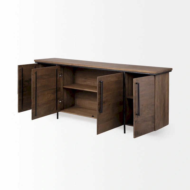Maddox IV Brown Solid Wood w/ Black Metal Accent 4 Door Cabinet Sideboard - 80.0L x 19.0W x 33.0H