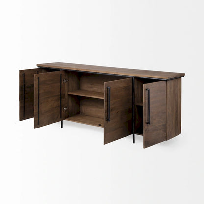 Maddox IV Brown Solid Wood w/ Black Metal Accent 4 Door Cabinet Sideboard - 80.0L x 19.0W x 33.0H