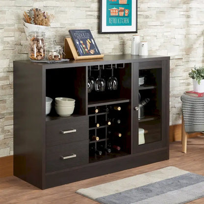 Wooden Server with One Side Door Storage Cabinets and Two Drawers, Espresso Brown