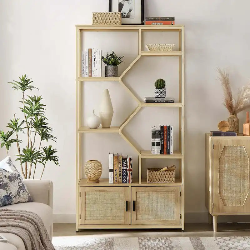 Rattan bookshelf 5 tiers Bookcases Storage Rack with cabinet for Living Room Home Office