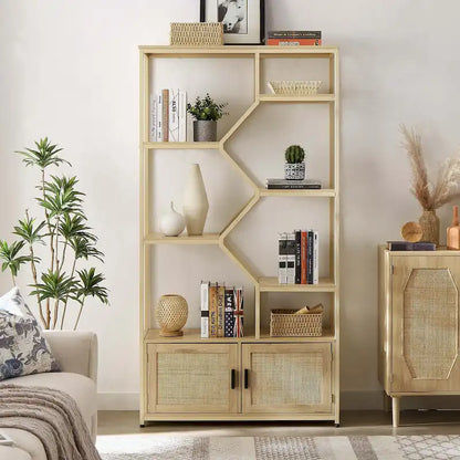 Rattan bookshelf 5 tiers Bookcases Storage Rack with cabinet for Living Room Home Office