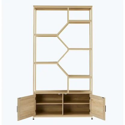 Rattan bookshelf 5 tiers Bookcases Storage Rack with cabinet for Living Room Home Office