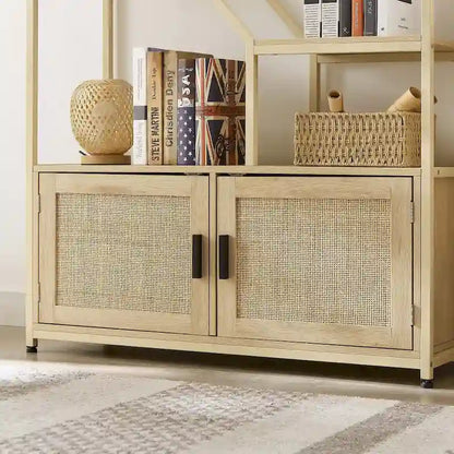 Rattan bookshelf 5 tiers Bookcases Storage Rack with cabinet for Living Room Home Office