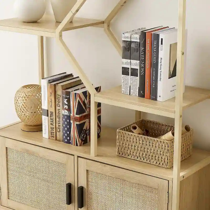 Rattan bookshelf 5 tiers Bookcases Storage Rack with cabinet for Living Room Home Office