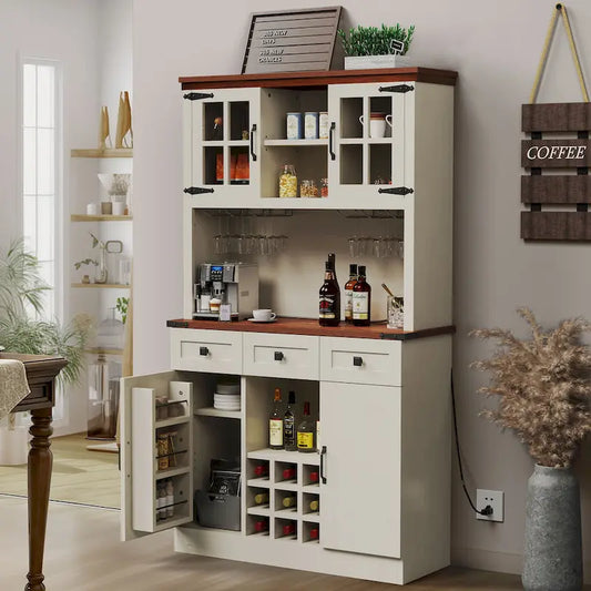 Moasis 72 Kitchen Storage Cabinet Pantry Cupboard with Charging Station and 3 Drawers
