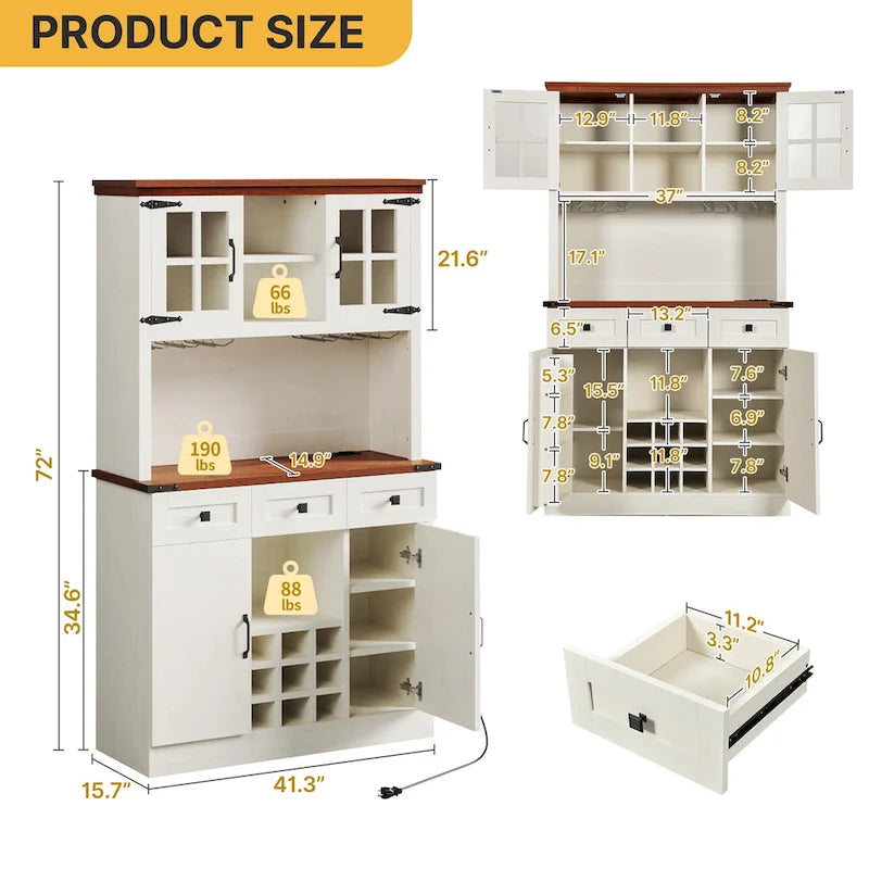 Moasis 72 Kitchen Storage Cabinet Pantry Cupboard with Charging Station and 3 Drawers
