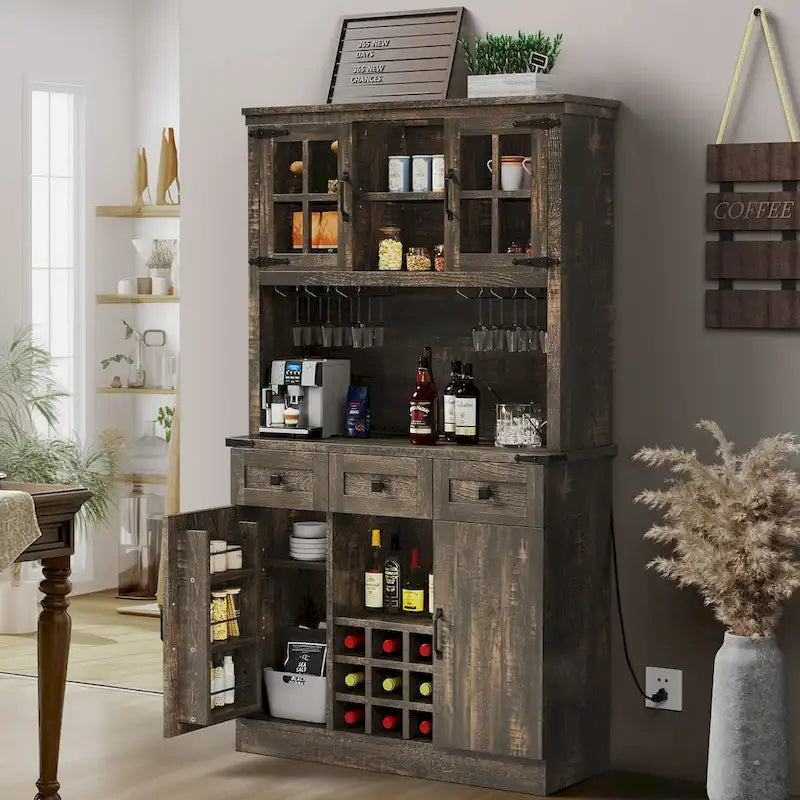 Moasis 72 Kitchen Storage Cabinet Pantry Cupboard with Charging Station and 3 Drawers