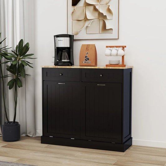 Two-Compartment Tilt-Out Trash Cabinet Kitchen Trash Cabinet w/2 Drawers