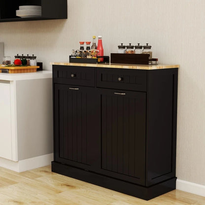 Two-Compartment Tilt-Out Trash Cabinet Kitchen Trash Cabinet w/2 Drawers