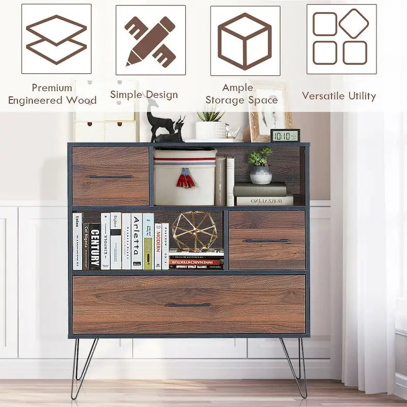 Multipurpose Sideboard Storage Cabinet with Metal Leg & Drawers - 35.5 x 15.5 x 40 (L x W x H)