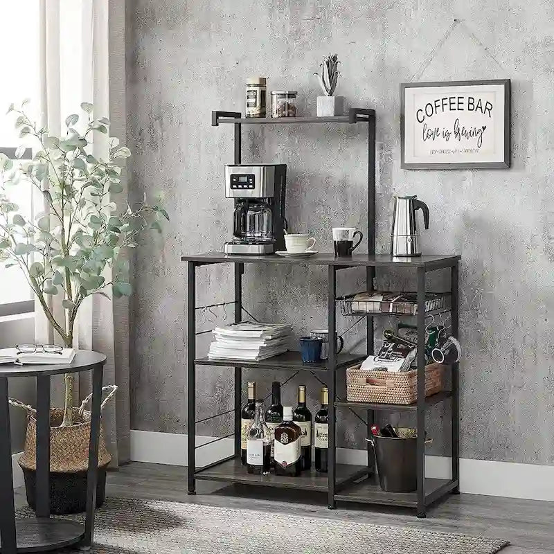 Kitchen Microwave Oven Stand Shelf with Wire Basket and 6 S-Hooks - 35.4L x 15.7W x 52H