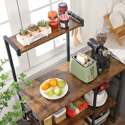 Kitchen Microwave Oven Stand Shelf with Wire Basket and 6 S-Hooks - 35.4L x 15.7W x 52H