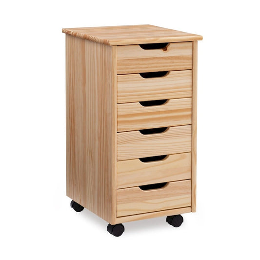 26 Natural Brown Rolling Storage Cabinet with 6 Drawer