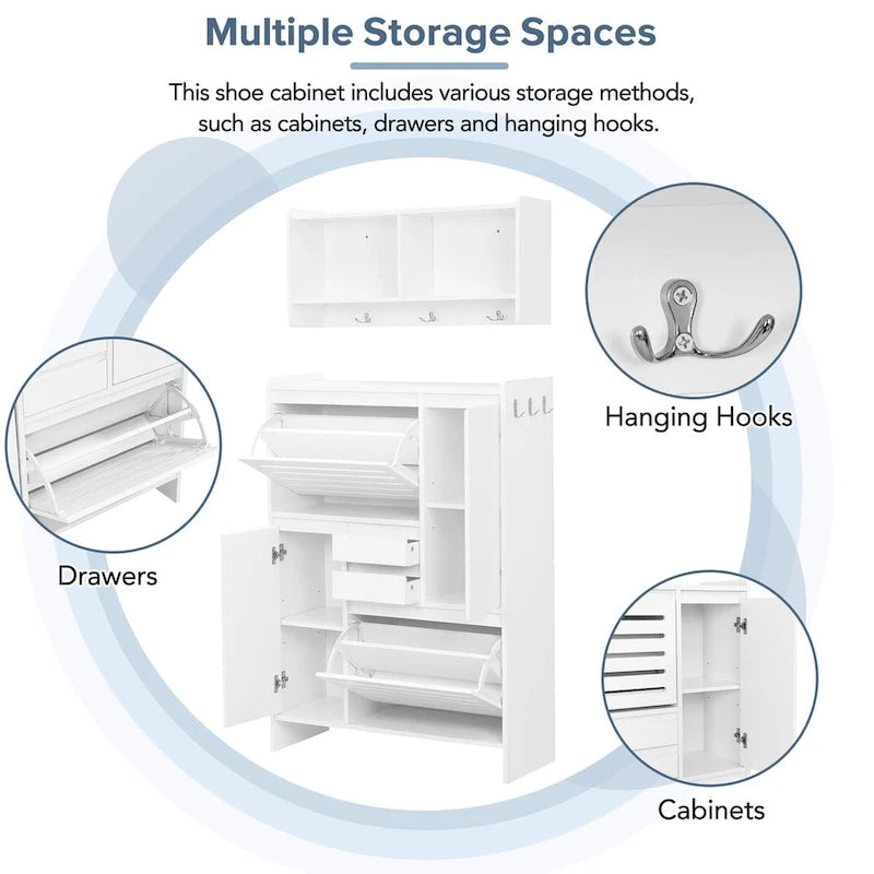 Multi-Functional Shoe Cabinet with Wall Cabinet, Space-saving Design Side Cabinet with 2 Flip Drawers and Hanging Hooks